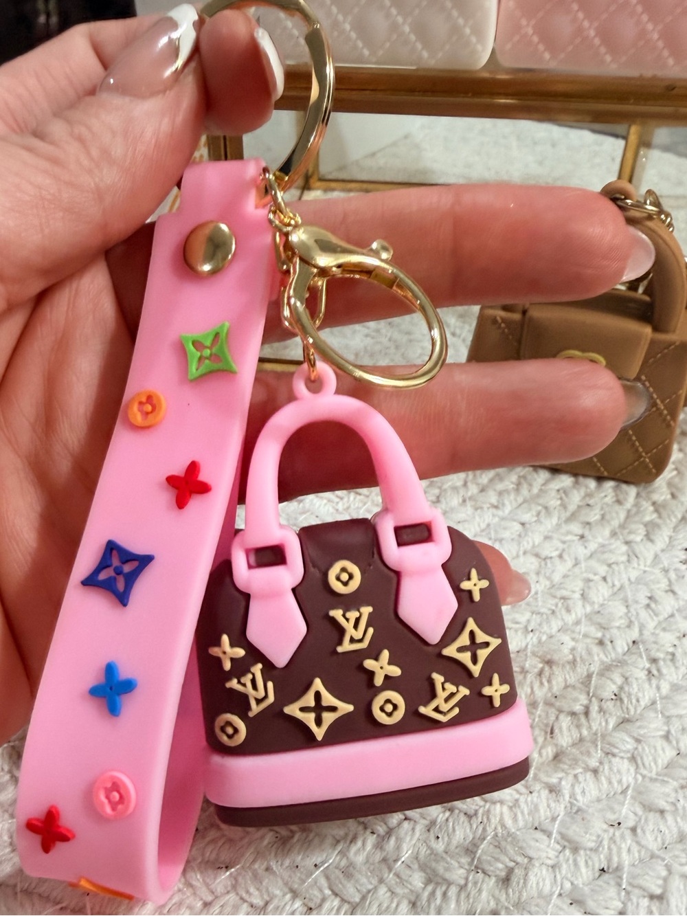 Novelty Fashion Mini Quilted Bag Keychains - White, Pink, Brown, Brown/Pink - Picture 2 of 6
